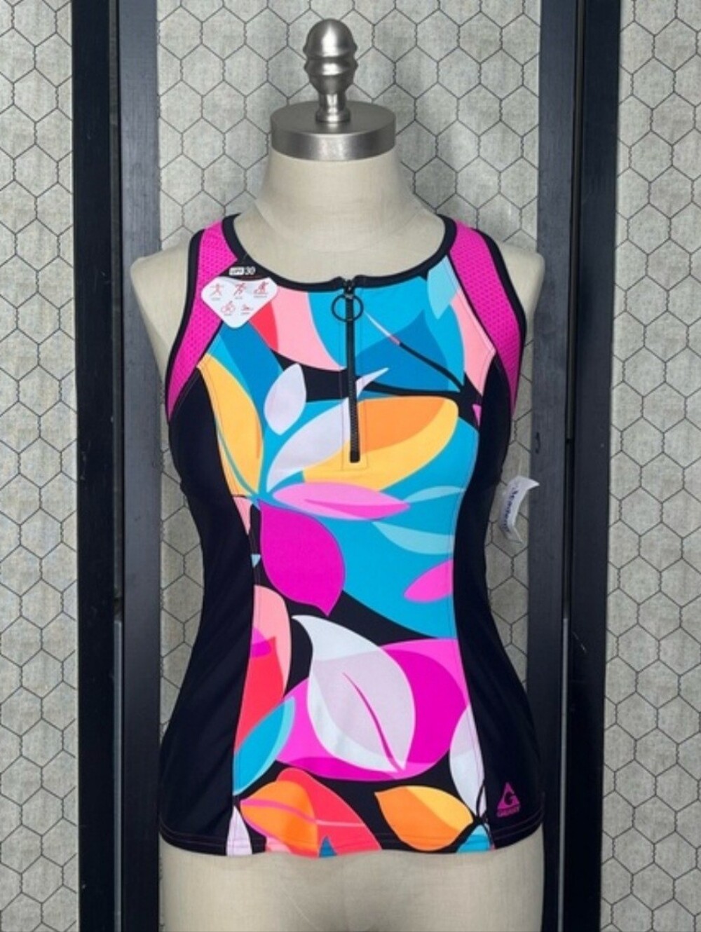 Gerry Scuba Hot Pink Floral Tropical Print  Racerback Takini Top Medium NWT